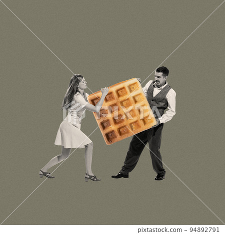 Contemporary art collage. Young man and woman, couple, fighting for breakfast waffles. Emotive relationship 94892791
