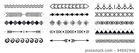 Hand drawn folk motif, ethnic pattern set. Peru, mexican, aztec drawn border pattern. Boho, indian decoration, arrow element 94892946