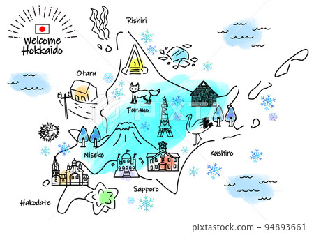Simple line drawing illustration map of tourist spots in Hokkaido in winter Simple line drawing illustration map of tourist spots in Hokkaido in winter 94893661