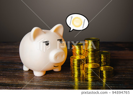 The piggy bank is hungry for money. Collection of savings for safe storage and non risky investments. Deposits interest rate. Save money. Cashback shopping. Delicious offers. Starving for funds 94894765