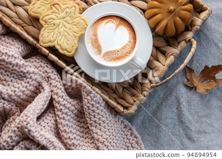 Fall flat lay with coffee and autumn decor 94894954