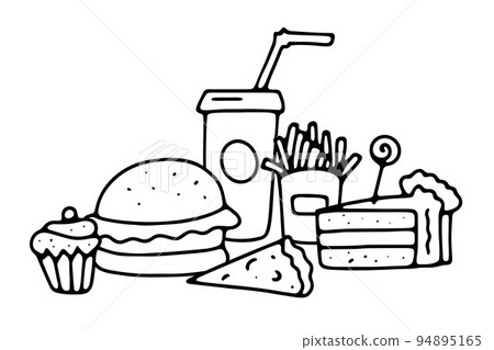 Doodle cafe concept with burger, soda, French fries, pizza Doodle cafe concept with burger, soda, French fries, pizza 94895165