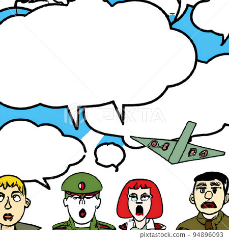 people talking about war with empty text comic strip cartoon style 94896093