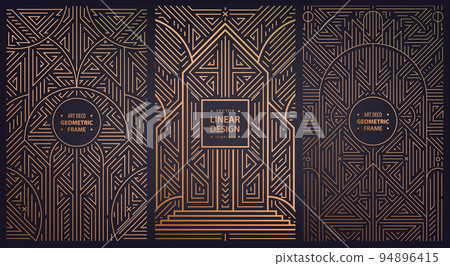 Vector set of art deco design elements, labels and frames for luxury products, golden linear fancy backagrounds, gatsby vintage style, posters, prints, wedding invitation, covers. 94896415