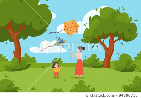 Family flying kite in the park, flat vector illustration. Family flying kite in the park, flat vector illustration. 94896713