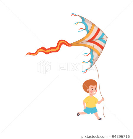 Cute and happy child boy playing with colorful kite, flat vector illustration isolated on white background. Cute and happy child boy playing with colorful kite, flat vector illustration isolated on white background. 94896716