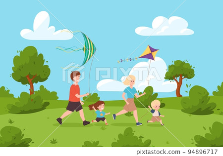 Summer background with happy family with children flat vector illustration. Summer background with happy family with children flat vector illustration. 94896717