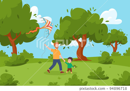 Father flying kite together with his son, summer outdoor activities - flat vector illustration. Father flying kite together with his son, summer outdoor activities - flat vector illustration. 94896718