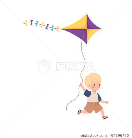Happy little boy running with colorful kite, flat vector illustration isolated on white background. Happy little boy running with colorful kite, flat vector illustration isolated on white background. 94896720