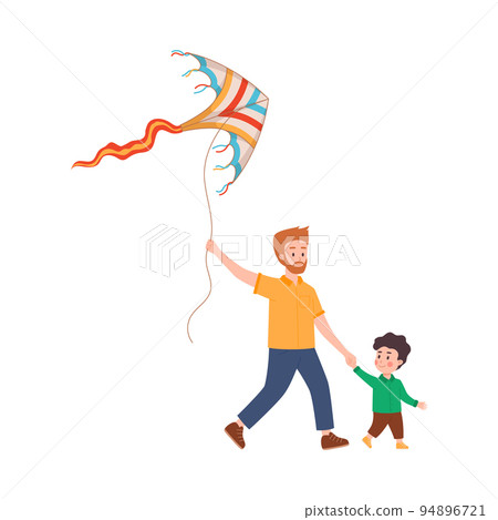 Smiling boy holding bearded father by hand, family walking with flying kite flat style Smiling boy holding bearded father by hand, family walking with flying kite flat style 94896721