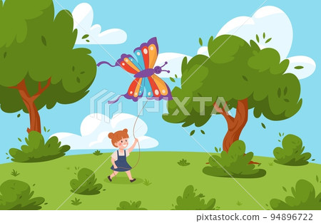 Cute little girl flying kite in shape of butterfly, flat vector illustration. Cute little girl flying kite in shape of butterfly, flat vector illustration. 94896722