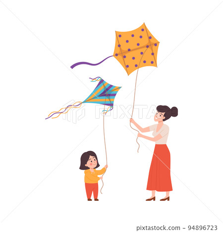 Mother and child flying kites flat cartoon vector illustration isolated on white. Mother and child flying kites flat cartoon vector illustration isolated on white. 94896723