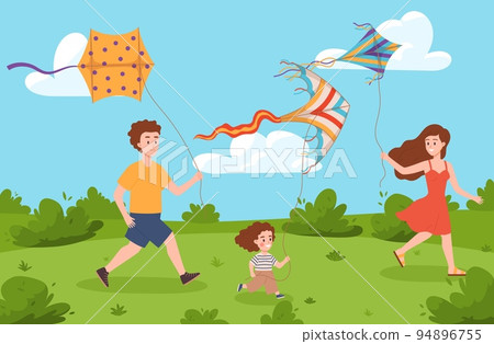 Happy family flying kite together in park, flat vector illustration. 94896755