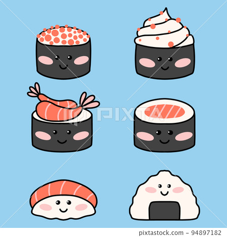Sushi set in kawaii style. Cute Japanese sushi with a smile. vector illustration. cartoon style. Sushi restaurant logo. Collection Funny sushi character. 94897182