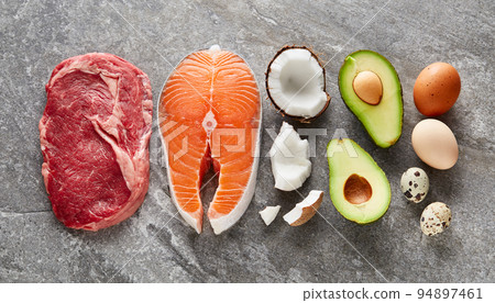 Keto high fat products on gray background Keto high fat products on gray background 94897461
