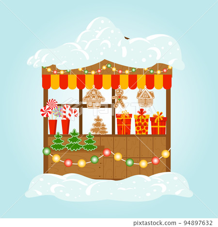 Christmas street stall in the snow with gifts, Christmas candy, gingerbread and Christmas trees. Illustration, postcard, vector Christmas street stall in the snow with gifts, Christmas candy, gingerbread and Christmas trees. Illustration, postcard, vector 94897632