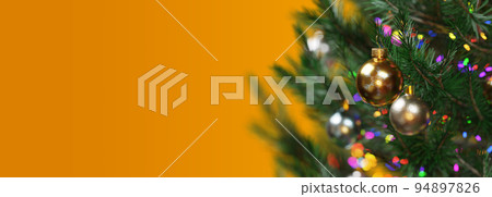 3D Rendering Realistic Christmas Tree with shine glitter Christmas ball and colorful light with copy space. For Merry Christmas design element with clipping path 94897826