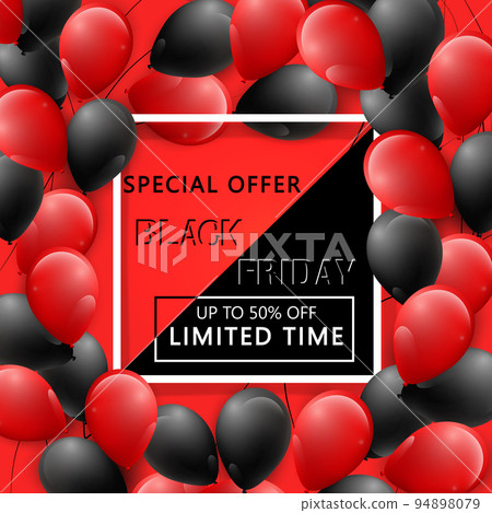 Black Friday poster with shiny confetti and balloons on red background with square frame. Vector illustration. Black Friday poster with shiny confetti and balloons on red background with square frame. Vector illustration. 94898079