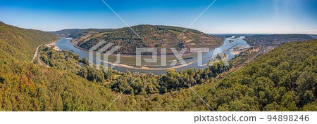 Drone panorama view over the Rhine with Bingen mouse tower at water record low Drone panorama view over the Rhine with Bingen mouse tower at water record low 94898246