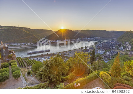 Drone panorama over St. Goar and St. Goarshausen during sunrise Drone panorama over St. Goar and St. Goarshausen during sunrise 94898262