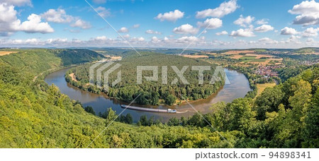 Drone panorama over river Main loop in Germany with village Urphar Drone panorama over river Main loop in Germany with village Urphar 94898341