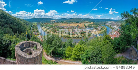 Drone panorama over river Main in Germany with village Freudenberg 94898349