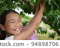 Girl peach picking fun smiling orchard elementary school student peach 94898706