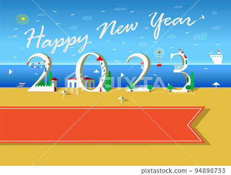 Happy New Year 2023. White text with plane in the sky. Number is as a white houses on the summer beach. Sea background. Orange banner for custom text. Vector Illustr 94898733