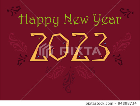 Happy New Year 2023. Folk Greeting Card. Green letters, yellow number, red background and botanic decor. Vector Illustration Happy New Year 2023. Folk Greeting Card. Green letters, yellow number, red background and botanic decor. Vector Illustration 94898734