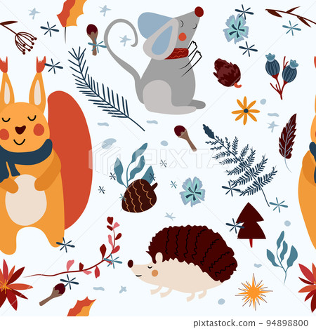 Seamless patterns with with a cute mouse in a scarf, funny squirrel, hedgehog, bright flowers, colored leaves. Magical winter. Vector illustration 94898800