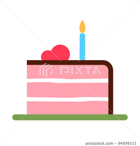 Three tiered pink cake slice on white background. Baked frosted strawberry Birthday treat piece with burning candle. Cream glaze cake sign. Bright pastry flat symbol. Minimal logo illustration. Three tiered pink cake slice on white background. Baked frosted strawberry Birthday treat piece with burning candle. Cream glaze cake sign. Bright pastry flat symbol. Minimal logo illustration. 94899151