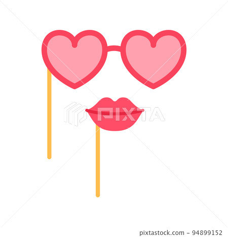 Birthday or carnival mask flat icon isolated on white background. Holiday heart shape glasses and lips. Love party element invitation design. Fun eyeglasses for costume decoration illustration. Birthday or carnival mask flat icon isolated on white background. Holiday heart shape glasses and lips. Love party element invitation design. Fun eyeglasses for costume decoration illustration. 94899152