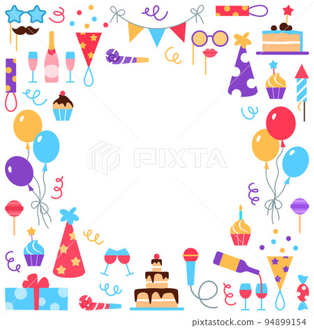 Event service square frame with circle space for text. Concept with balloons, cake, muffin on white background. Flat holiday management design. Birthday party celebration business illustration. Event service square frame with circle space for text. Concept with balloons, cake, muffin on white background. Flat holiday management design. Birthday party celebration business illustration. 94899154