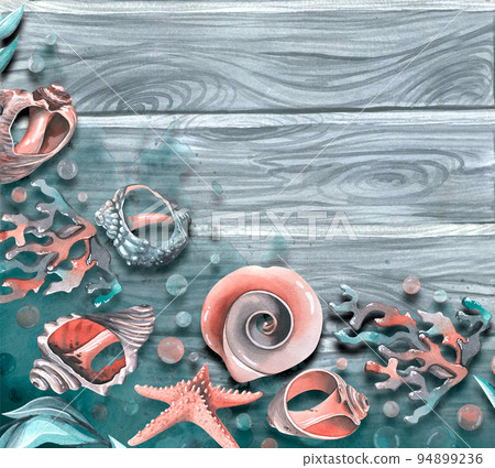 Different shells and starfish, corals in the water on the background of a wooden board. Watercolor illustration. A template from a large set of WHALES. For the design and decoration of postcards 94899236