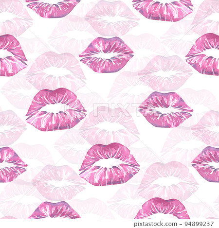 Lipstick prints in the form of kisses in pink on a white background. Watercolor illustration. Seamless pattern from a large VALENTINE's DAY set. For decoration and design of fabric, packaging paper Lipstick prints in the form of kisses in pink on a white background. Watercolor illustration. Seamless pattern from a large VALENTINE's DAY set. For decoration and design of fabric, packaging paper 94899237