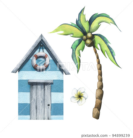 Wooden beach house with coconut palm and plumeria flower. Watercolor illustration. Mini set of isolated objects on a white background in cartoon style. For the decoration of the beach and summer. Wooden beach house with coconut palm and plumeria flower. Watercolor illustration. Mini set of isolated objects on a white background in cartoon style. For the decoration of the beach and summer. 94899239