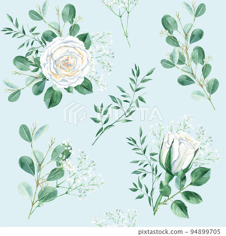Seamless pattern with white roses, gypsophila, eucalyptus and pistachio branches on blue background. Watercolor illustration. Can be used for wedding prints, gift wrapping paper, backgrounds for Seamless pattern with white roses, gypsophila, eucalyptus and pistachio branches on blue background. Watercolor illustration. Can be used for wedding prints, gift wrapping paper, backgrounds for 94899705