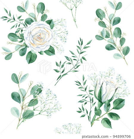 Seamless pattern with white roses, gypsophila, eucalyptus and pistachio branches. Watercolor illustration. Can be used for wedding prints, gift wrapping paper, backgrounds for Valentine's day and Seamless pattern with white roses, gypsophila, eucalyptus and pistachio branches. Watercolor illustration. Can be used for wedding prints, gift wrapping paper, backgrounds for Valentine's day and 94899706