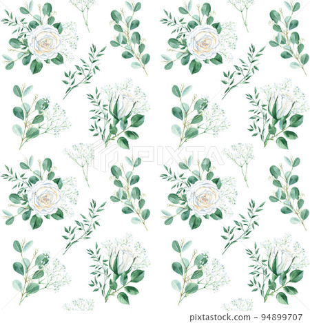 Seamless pattern with white roses, gypsophila, eucalyptus and pistachio branches. Watercolor illustration. Can be used for wedding prints, gift wrapping paper, backgrounds for Valentine's day and 94899707