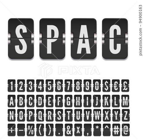 Retro airport terminal mechanical scoreboard alphabet to display destination and timetable vector illustration. Black flip board font for flight departure or investing information. 94900163
