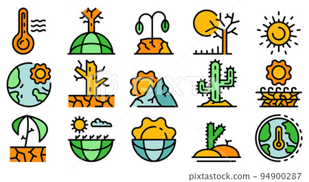 Drought icons set. Outline set of drought vector icons thin line color flat on white Drought icons set. Outline set of drought vector icons thin line color flat on white 94900287