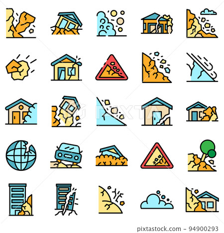 Landslide icons set. Outline set of landslide vector icons thin line color flat on white Landslide icons set. Outline set of landslide vector icons thin line color flat on white 94900293
