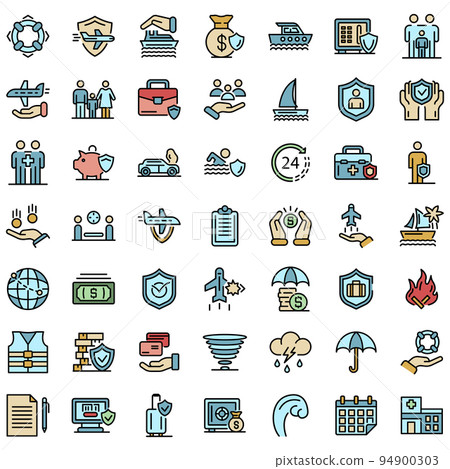 Family travel insurance icons set. Outline set of family travel insurance vector icons thin line color flat on white 94900303