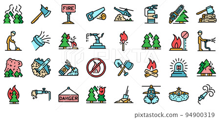 Wildfire icons set. Outline set of wildfire vector icons thin line color flat on white Wildfire icons set. Outline set of wildfire vector icons thin line color flat on white 94900319