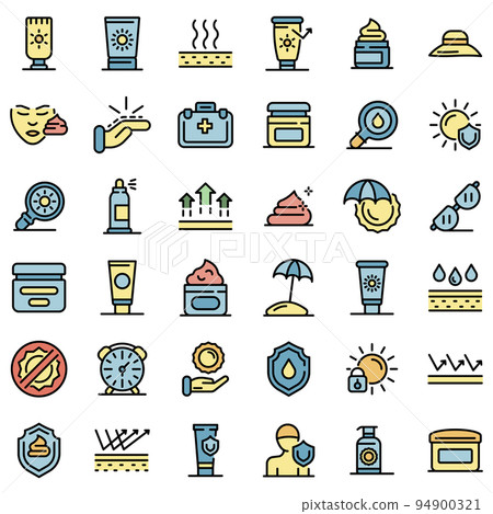 Uv protection icons set. Outline set of uv protection vector icons thin line color flat on white Uv protection icons set. Outline set of uv protection vector icons thin line color flat on white 94900321