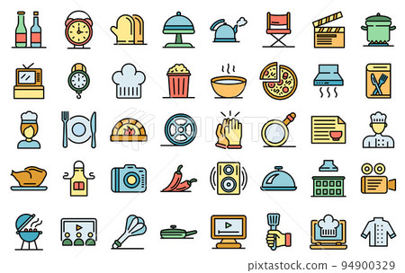 Cooking show icons set. Outline set of cooking show vector icons thin line color flat on white 94900329