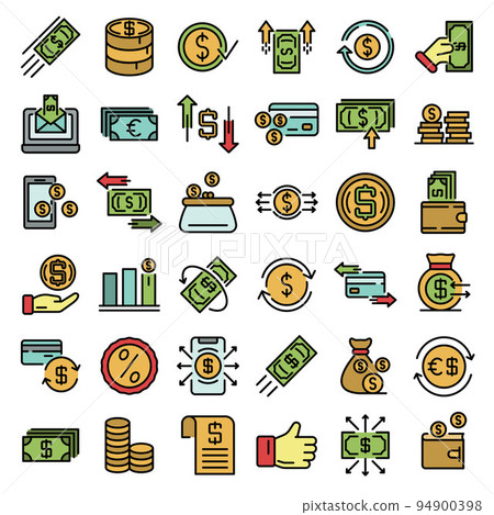 Cash back icons set. Outline set of cash back vector icons thin line color flat on white 94900398