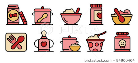 Baby kitchen icons set. Outline set of baby kitchen vector icons thin line color flat on white 94900404