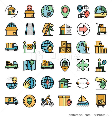 Relocation icons set. Outline set of relocation vector icons thin line color flat on white 94900409