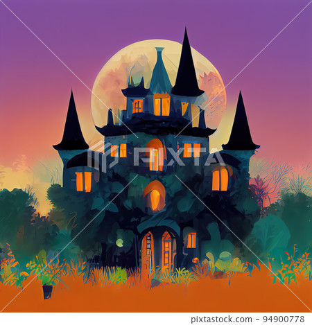 Castle under the moon illustration. Fairytale night castle bright picture. Digital illustration. 94900778